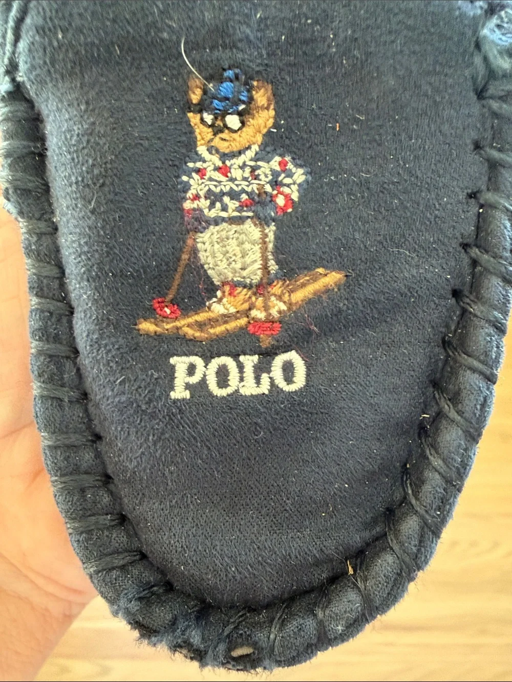 Polo Ralph Lauren Polo Bear Ski Bear Moccasin Slippers Navy Blue Embroidered